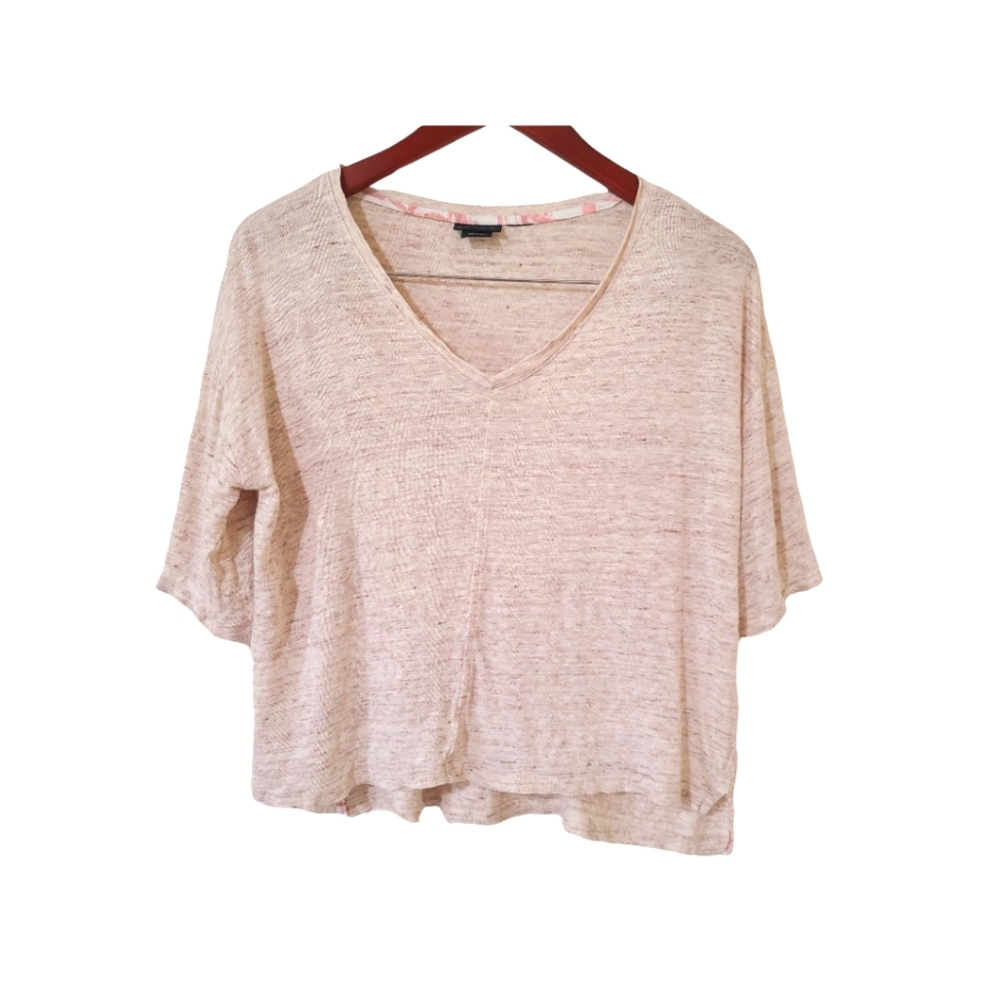 Tahari 100% Linen Top Semi-Crop Hi-low V-Neck short sleeve women's size L